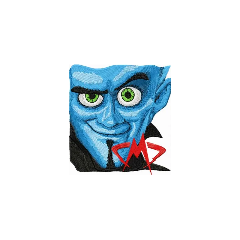 Megamind embroidery design showcasing a playful monster motif, ideal for whimsical projects and creative stitching.