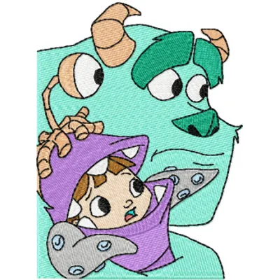 Boo and Sulley 2 embroidery design featuring beloved characters from Monsters Inc for creative stitching projects.