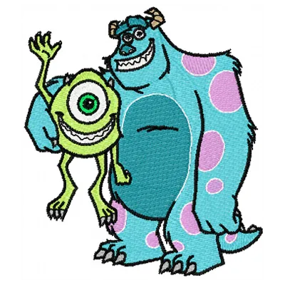 Sulley and Mike embroidery design featuring beloved characters from Monsters Inc for creative stitching projects.