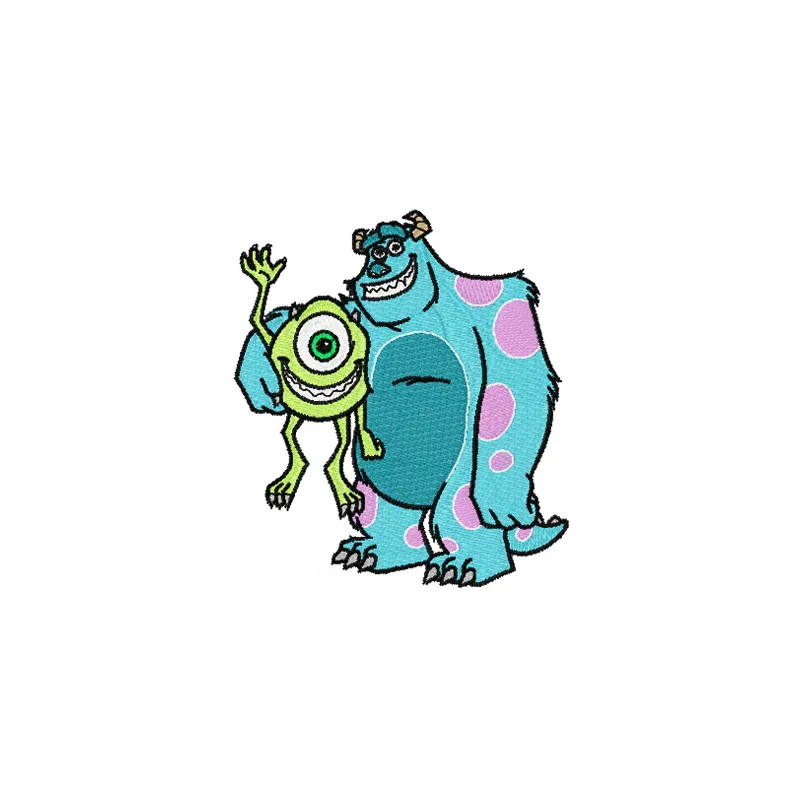 Sulley and Mike embroidery design featuring beloved characters from Monsters Inc for creative stitching projects.