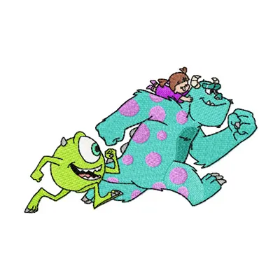 Boo, Mike, and Sulley embroidery design from Monsters, Inc. featuring colorful stitched motifs for fun projects.