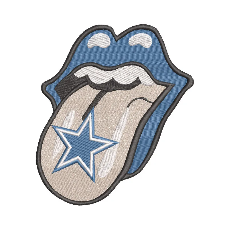Dallas Cowboys lip embroidery design featuring the iconic team logo and vibrant colors on fabric.