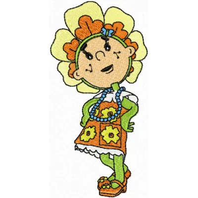 Flowertots Buttercup embroidery design showcasing cheerful floral motifs for girls and women on various fabrics.