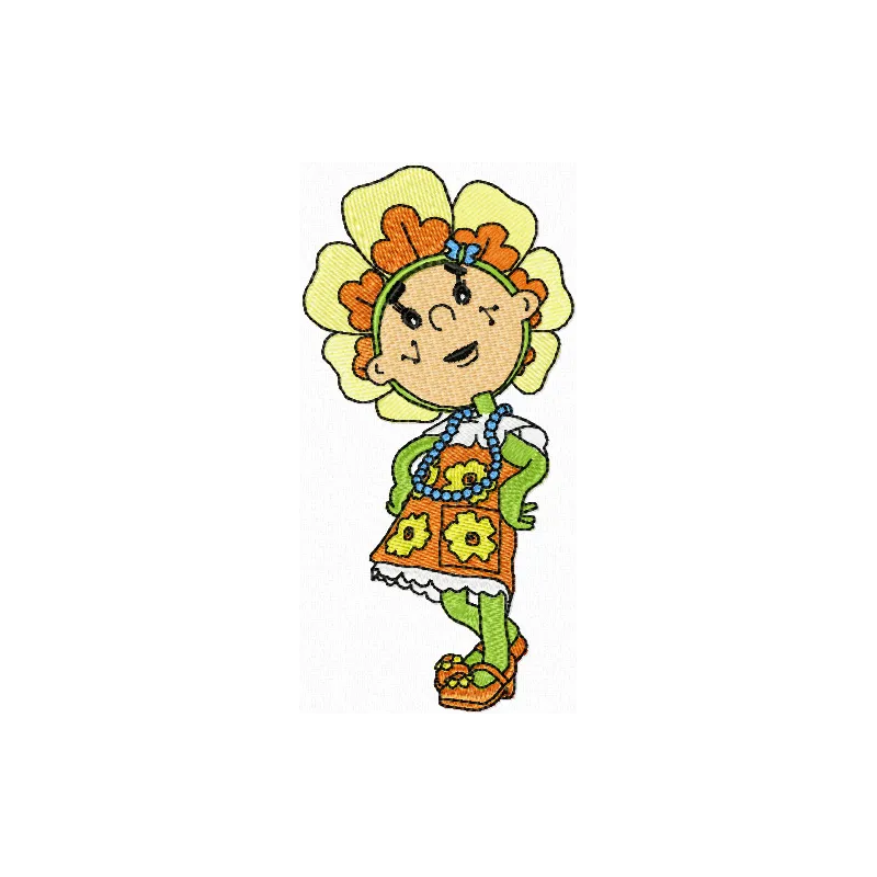 Flowertots Buttercup embroidery design showcasing cheerful floral motifs for girls and women on various fabrics.