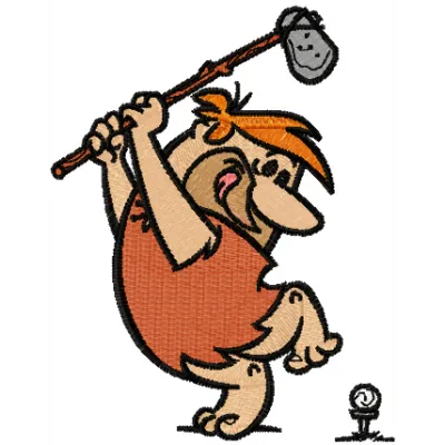 Barney from Flintstones playing golf in a colorful embroidery design, perfect for stitching on caps or t-shirts.