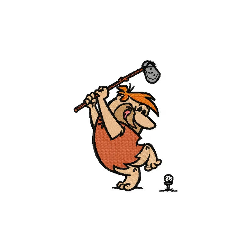 Barney from Flintstones playing golf in a colorful embroidery design, perfect for stitching on caps or t-shirts.