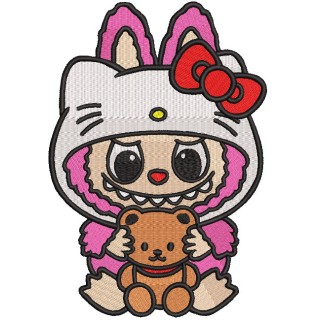 Labubu with teddy bear embroidery design - Embroidery Design