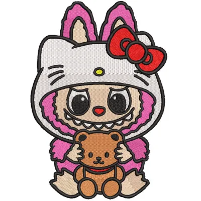 Labubu plush toy featuring a detailed teddy bear embroidery design, showcasing its unique and charming appearance.