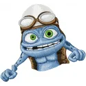 Crazy Frog embroidery design showcased on a colorful background, demonstrating a playful stitched motif.