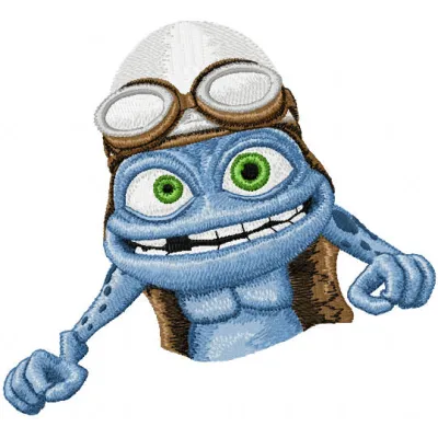 Crazy Frog embroidery design showcased on a colorful background, demonstrating a playful stitched motif.