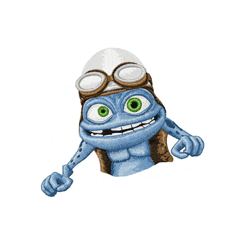 Crazy Frog embroidery design showcased on a colorful background, demonstrating a playful stitched motif.