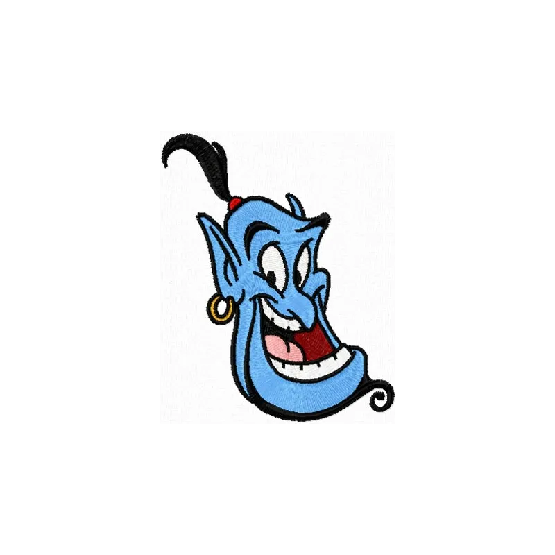 Genie embroidery design featuring a whimsical character from Aladdin, ideal for embellishing t-shirts and tote bags.