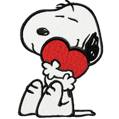 Snoopy with heart embroidery design showcasing a charming stitched motif for various fabric items.