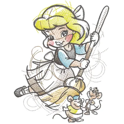 Cinderella Gus and Jaq embroidery design featuring playful mice with thread and needle, showcasing vibrant colors.