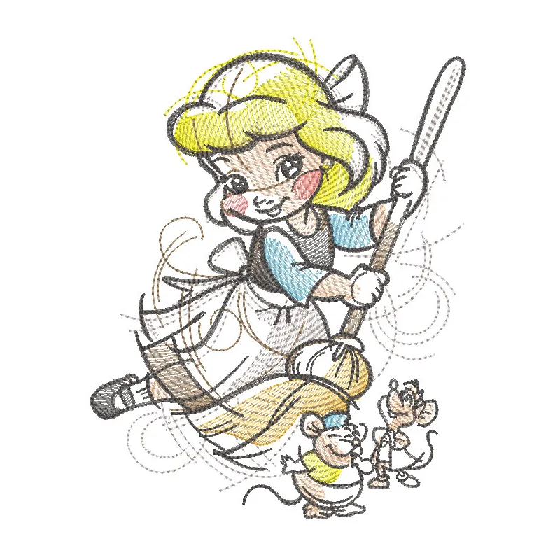 Cinderella Gus and Jaq embroidery design featuring playful mice with thread and needle, showcasing vibrant colors.