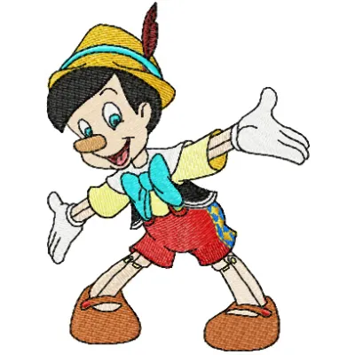 Preview of a whimsical Pinocchio embroidery design, showcasing intricate stitching patterns for crafting projects.