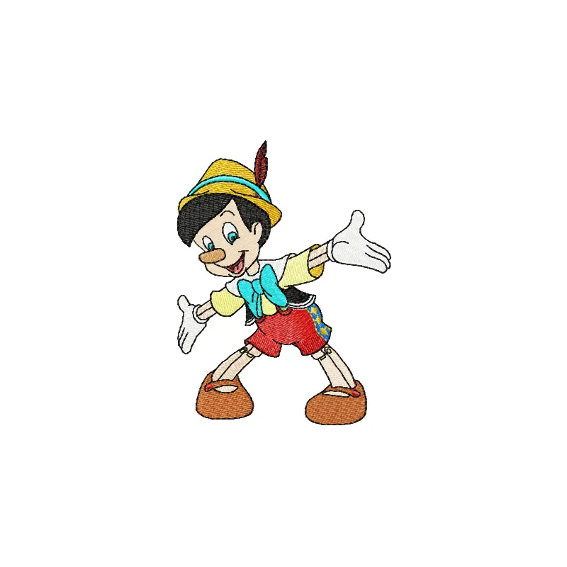 Preview of a whimsical Pinocchio embroidery design, showcasing intricate stitching patterns for crafting projects.