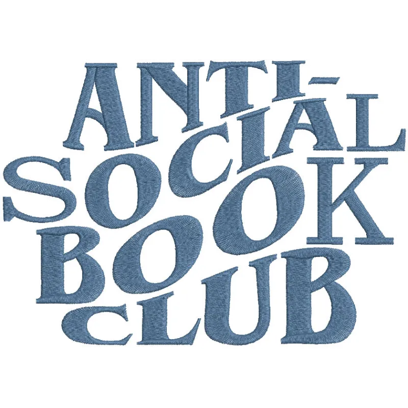 Embroidery design featuring the phrase 'Anti Social Book Club' in a stylish font on a fabric background.