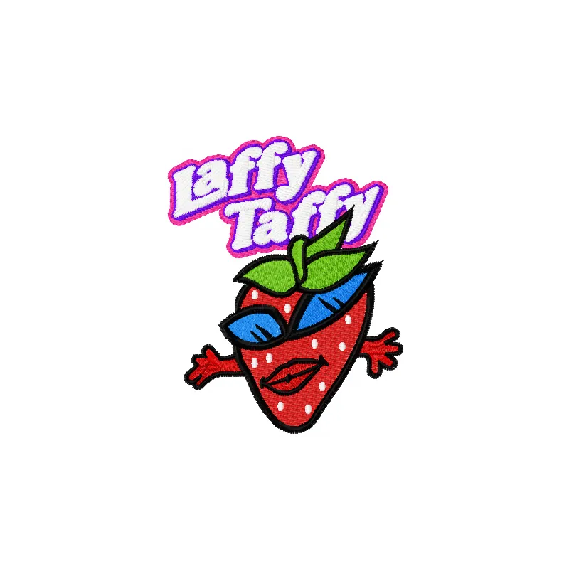 Laffy Taffy Strawberry embroidery design showcasing vibrant fruit stitching pattern for crafts and apparel.