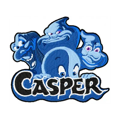 Casper and Ghostly Trio embroidery design featuring playful cartoon ghosts, ideal for t-shirts and baby onesies.