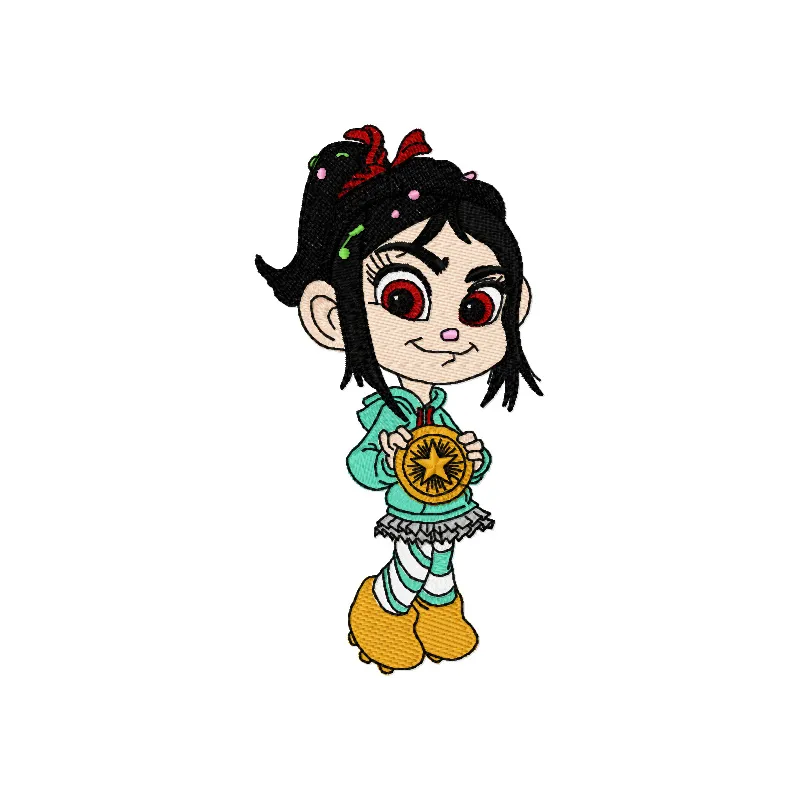 Vanellope von Schweetz embroidery design from Wreck-It Ralph, showcasing a playful character for creative stitching projects.
