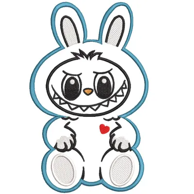 Labubu applique embroidery design featuring intricate patterns and vibrant colors on a textured fabric background.