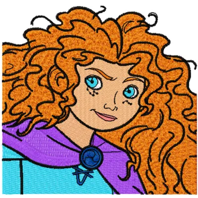 Embroidery design of Princess Merida from Brave, showcasing a vibrant and adventurous stitched motif.