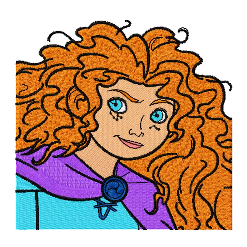 Embroidery design of Princess Merida from Brave, showcasing a vibrant and adventurous stitched motif.
