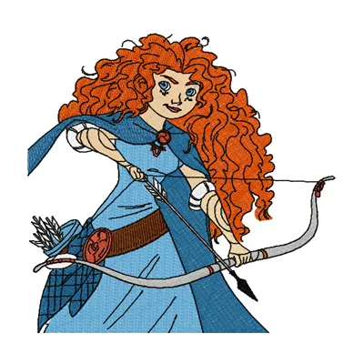 Embroidery design featuring Princess Merida shooting an arrow from the movie Brave, ideal for creative projects.