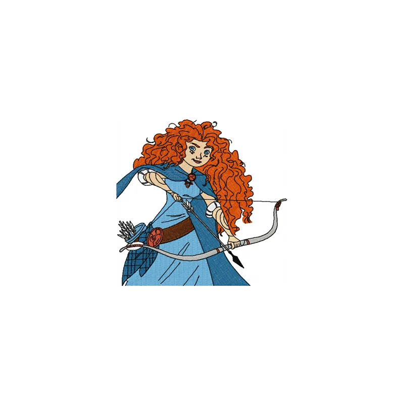 Embroidery design featuring Princess Merida shooting an arrow from the movie Brave, ideal for creative projects.