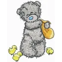 Teddy bear feeding chickens embroidery design, showcasing a charming tatty teddy motif for creative stitching projects.