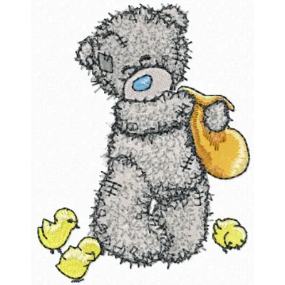 Teddy bear feeding chickens embroidery design, showcasing a charming tatty teddy motif for creative stitching projects.