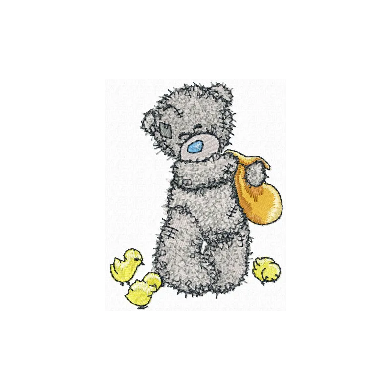 Teddy bear feeding chickens embroidery design, showcasing a charming tatty teddy motif for creative stitching projects.