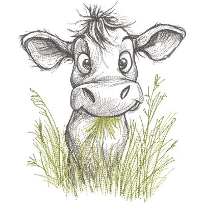Calf chewing grass sketch embroidery design featuring a detailed outline of a calf with grass.