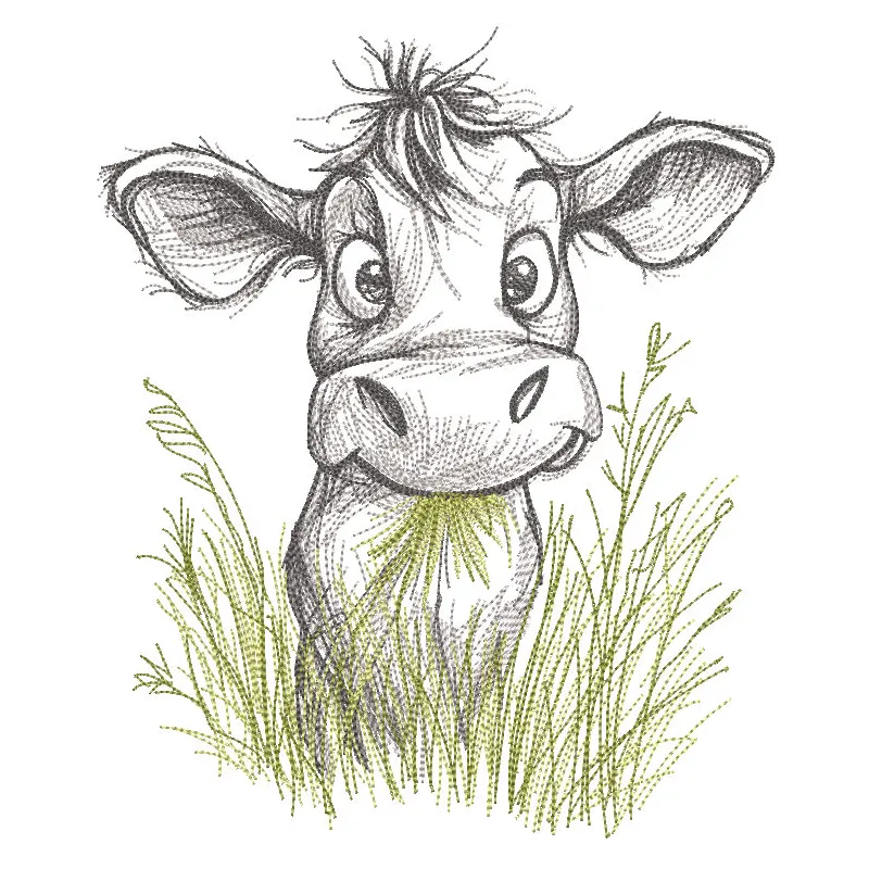 Calf chewing grass sketch embroidery design featuring a detailed outline of a calf with grass.