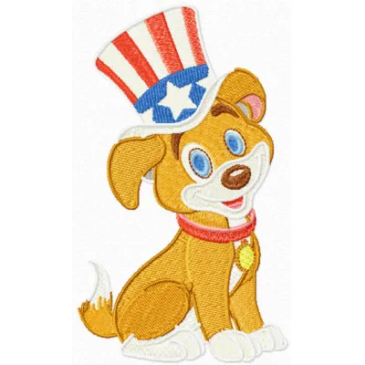 Happy dog embroidery design featuring a festive theme for Independence Day, perfect for stitching on t-shirts or tote bags.