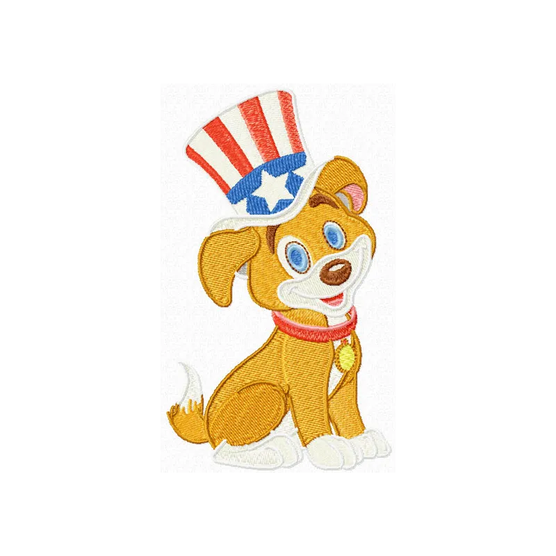 Happy dog embroidery design featuring a festive theme for Independence Day, perfect for stitching on t-shirts or tote bags.