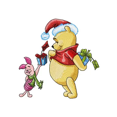 Winnie Pooh and Piglet with gifts embroidery design for festive Christmas stitching projects.
