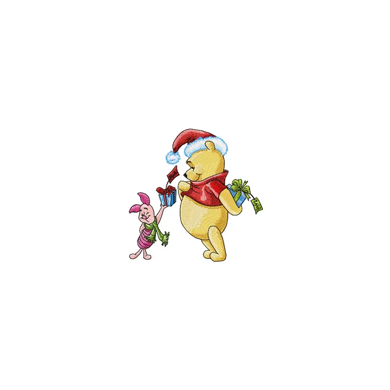 Winnie Pooh and Piglet with gifts embroidery design for festive Christmas stitching projects.