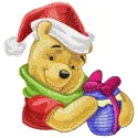 Winnie the Pooh holding a Christmas gift, showcasing a charming embroidery design for festive projects.