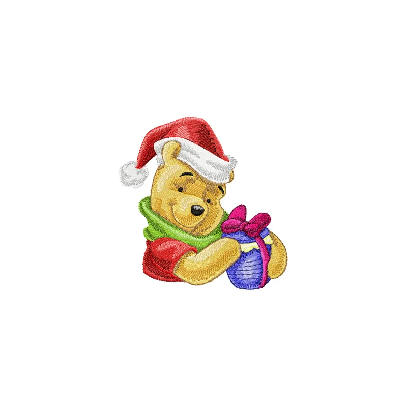 Winnie the Pooh holding a Christmas gift, showcasing a charming embroidery design for festive projects.