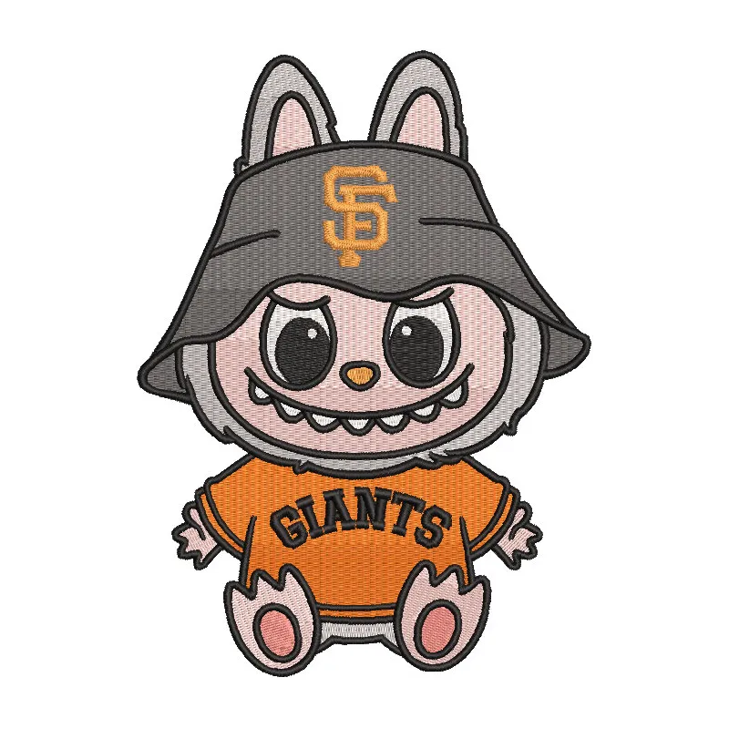 Labubu San Francisco Giants embroidery design featuring intricate stitching and team colors on a textile background.