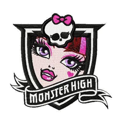 Preview of the Monster High Draculaura embroidery design featuring vibrant colors and fun details for girls' apparel.