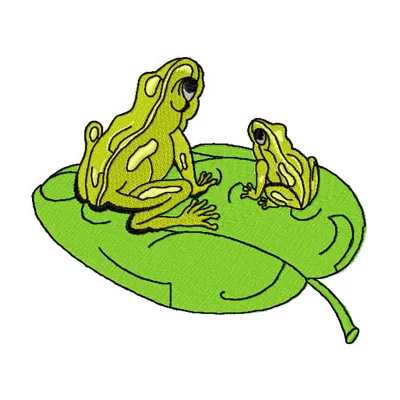 Two Frogs embroidery design featuring playful frogs, ideal for stitching on t-shirts, pillows, or tote bags.