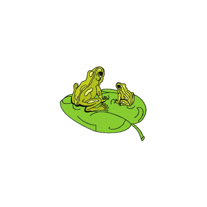 Two Frogs embroidery design featuring playful frogs, ideal for stitching on t-shirts, pillows, or tote bags.