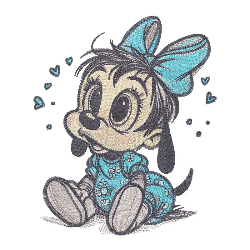 Goofy baby girl sitting, featuring intricate embroidery design with playful colors and details.