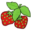 Strawberries embroidery design showcasing vibrant red berries and green leaves, ideal for various fabric projects.
