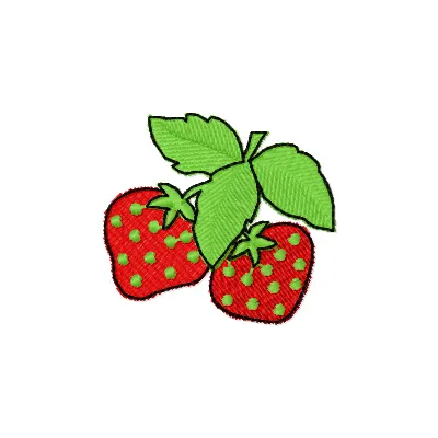 Strawberries embroidery design showcasing vibrant red berries and green leaves, ideal for various fabric projects.
