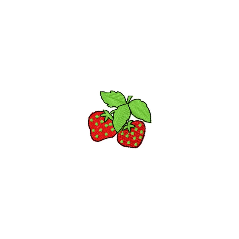 Strawberries embroidery design showcasing vibrant red berries and green leaves, ideal for various fabric projects.