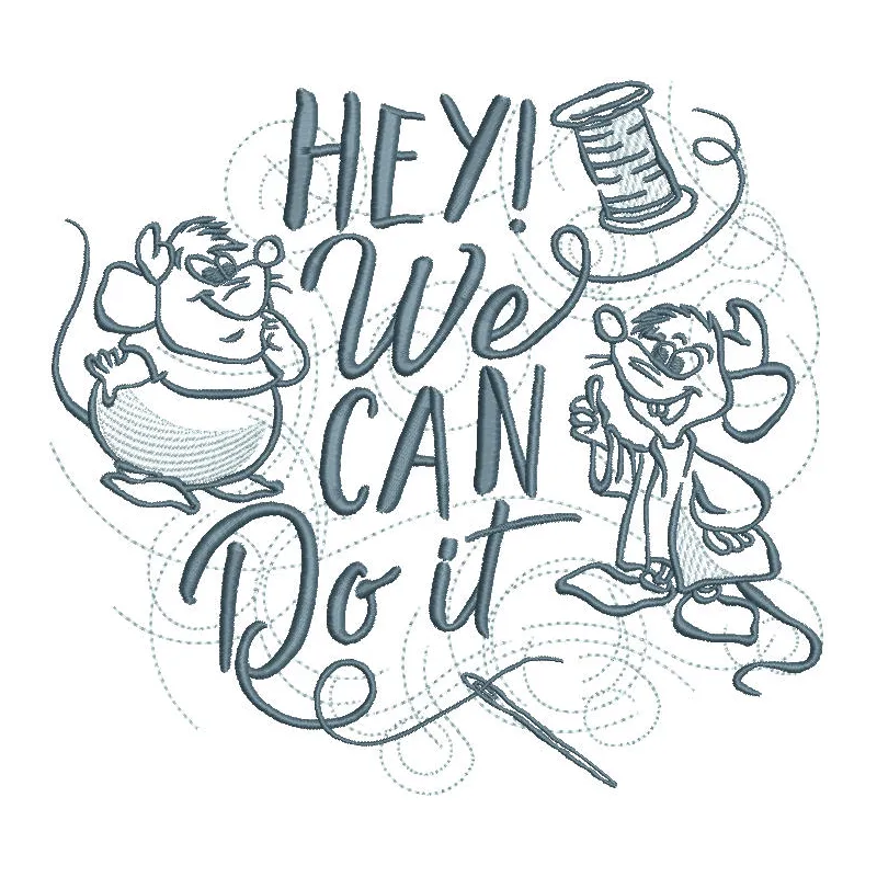Gus and Jaq hey we can do it embroidery design featuring the characters from Cinderella, colorful and detailed.